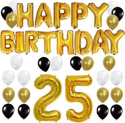 

Theme My Party Happy Birthday Gold Letter Foil, Black Gold White Latex Balloons 50 -10 Inch Each , 25 No. Gold Foil 16 Inch in size. Perfect combo for decoration on Birthday at home/outside.