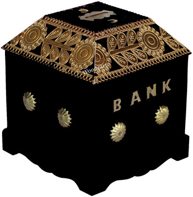 

WoodCart Handmade Wooden Money Box Square Cottage Black Color with Gotta work Coin Bank(Black)
