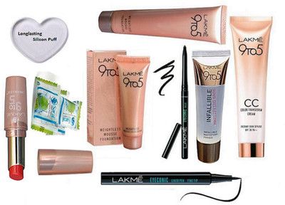 

Longlasting Silicon Puff,Lakme 9To5 Weightless Mousse Foundation 29gm&Lakme 9To5 Lipistick,Eyeconic Kaj.Pen Eyeliner,CC Color transform Cream,Mousse Foundation 6 gm With Infallilible Mattifying Primer,Magic napkin Pack of 3(Set of 9)