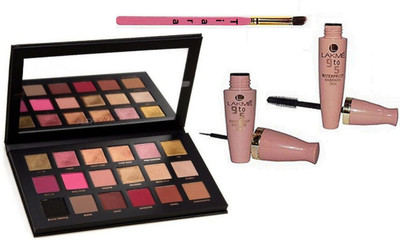 

tiara Makeup Brush , Huda Beauty Rose Gold Edition Eyeshadow palette , Lakme 9 to 5 Eyeliner 7 Mascara(Set of 4)
