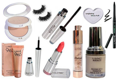

Longlasting Eyelashes&Mac Minralize Foundation,Highlighter,Brooke Candy Liner,Mascara,Compact,Puff,Eyeconic Kaj.,9To5 Weightless Mousse Foundation,Colorbar Lipstick(Set of 10)