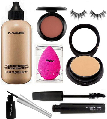 

eska Sponge Puff, Mac Face and Body Foundation, Compact, Blusher, Liquid Eyeliner, Haute And Naughty Mascara, Eyelashes(Set of 7)