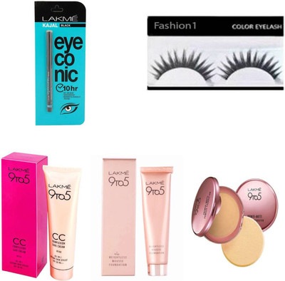 

FASHION 1 Combo of 9to5 complexion care cream,weightless mousse foundation,prime matte powder foundation,eyeconic kajal with eyelashes(Set of 5)