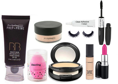 

Dazzling Sponge Puff & Prep-Prime Tube Foundation, Powder Compact Mac, Matte Finish Lipstick, Loose Powder, Concealer,Eyelashes glue,Eyelashes & ColorBar 2 in 1 Eyeliner+Mascara(Set of 9)