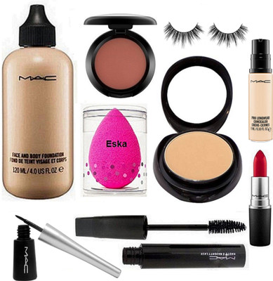 

eska Sponge Puff, Mac Face and Body Foundation, Compact, Blusher, Liquid Eyeliner, Red Lipstick, Haute And Naughty Mascara,Pro Longwear Concealer, Eyelashes(Set of 9)