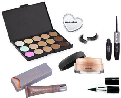 

Longlasting Silicon Puf,Eyelashes,Mac 15 Shade Concealer Palette,Loose Powder ,Stick Kajal,Colorbar Liquid Eyeliner,Naked 9 B B Foundation(Set of 7)