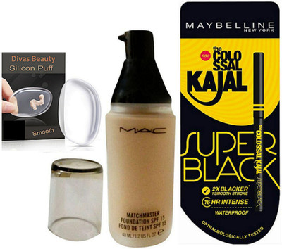 

divas beauty Silicon Puff & MAC Match Master SPF15 Make-Up Foundation, New York Colossal K. Super Black, 0.35g(Set of 3)