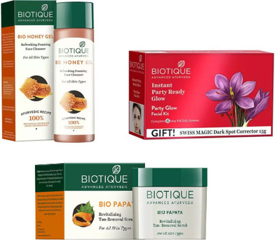 

BIOTIQUE BIO Bio Honey Gel Refreshing Foaming Face Cleanser For All Skin Types, Bio Party Glow Facial Kit, Bio Papaya Revitalizing Tan Removal Scrub(Set of 3)