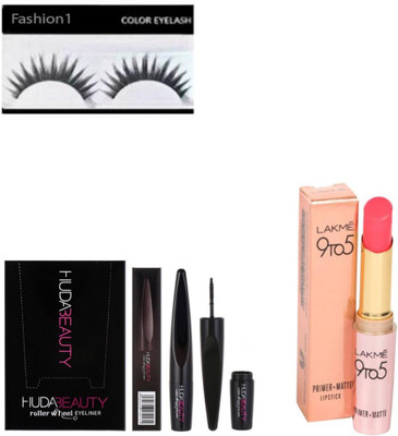 FASHION 1 combo best eyelash,9 t0 5 lipstick,and eyeliner mascara kajal,(Set of 5)