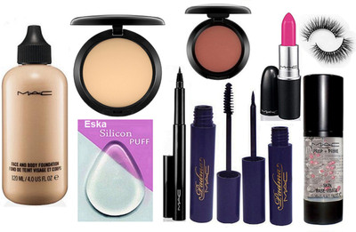 

eska Silicon Puff, Face And Body Foundation, Mac Compact, Pen Eyeliner, Padma Eyeliner, Mascara, Candy Yum-yum Lipstick, Eyelashes, Prep-Prime Face Primer, Blusher(Set of 10)