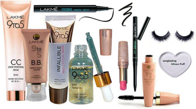 

Longlasting Silicon Puff,Lakme 9 to 5 B.B. bright-benefit cream all in 1 instant skin stylist , cc color trasnform cream , infallible mattifying primer , gold radiance serum,9 To 5 Lipstick,Eyeconic Kaj.,Pen Eyeliner,mascara,eyelashes(Set of 10)