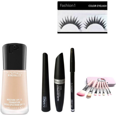 

FASHION 1 COMBO SETS EYELASH,KITTY MINI BRUSH ,MAC FOUNDATION MAC COMBO EYELINER MASCARA KAJAL(Set of 6)