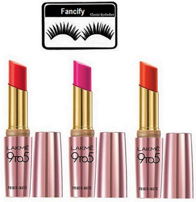 Fancify Eyelashes & Lakme 9 to 5 Primer+Matte Lipstick (Pack of 3)(Set of 4)