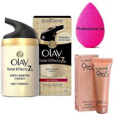 

professional kit Spongy Puff, Olay Total Effects 7-in-1 Anti Aging Day Skin Cream, Normal,Lakme 9 To 5 Weightless Mousse Foundation(Set of 3)
