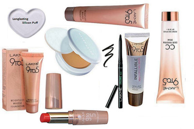 

Longlasting Silicon Puff&Lakme9To5 Weightless Mousse Foundation 29gm&Lakme 9To5 Lipistick,Eyeconic Kaj.,CC Color transform Cream,Mousse Foundation 6 gm With Infallilible Mattifying Primer,Maybelline Compact(Set of 8)
