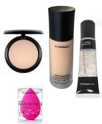 

Professional kit Sponge Puff & Mac Lightful Compact Pressed Powder Naturally ,Match Master Foundation,MATTIFYING BASE Face Primer(Set of 4)