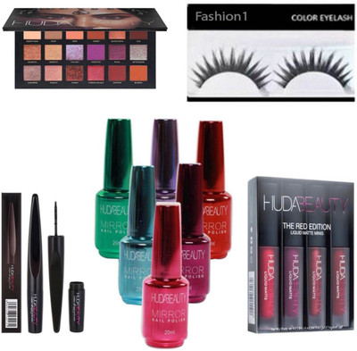 

FASHION 1 Importe combo set of multicolor eyeshadow,roller wheel eyeliner,mirror nail polish multicolor,liquid matte lipstick pink edition with eyelashe (set of 12)(Set of 12)