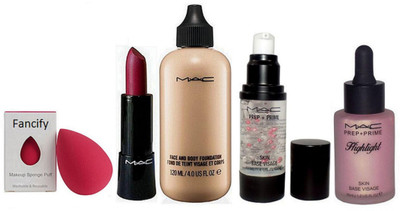 

fancify Spongy Puff & Mac Matte Lipstick , Face And Body Foundation , Face Primer & Highlight(Set of 5)