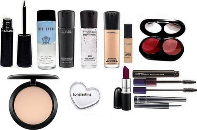

Longlasting Silicon Puff,Matchmaster Foundation, Pro Long Wear Concealer, 2 Shade Blusher, Studio fix Compact, Lustre Lipstick., Haute and Naughty Double Effect Mascara and Liquid last Eyeliner 2, Prep+Prime Skin Base Visage Primer, Moisture Infusion Seru