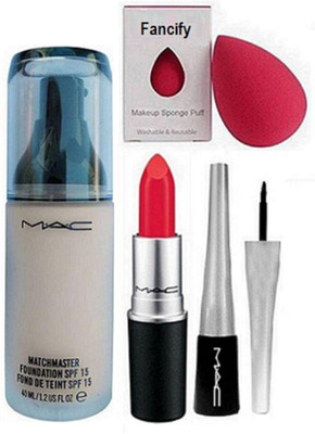 

Fancify Sponge Puff & Mac Face and Body Foundation, Liquid Eyeliner, Lipstick& MAC Match Master SPF15 Make-Up Foundation(Set of 4)