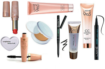 

Longlasting Silicon Puff|Lakme9To5 Weightless Mousse Foundation 29gm&Lakme 9To5 Lipistick,Eyeconic Kaj.Pen Eyeliner,MascaraCC Color transform Cream,With Infallilible Mattifying Primer,Maybelline Compact(Set of 9)