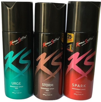 

KamaSutra 1 URGE 1 SPARK 1 STROM ( PACK OF 3) Body Spray - For Men & Women(450 ml, Pack of 3)