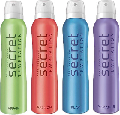 

SECRET TEMPTATION-1 PASSION DEODORANT 150ML+1 PLAY DEODORANT 150ML+1 AFFAIR DEODORANT 150ML+1 ROMANCE DEODORANT 150ML Deodorant Spray - For Women(150 ml, Pack of 4)
