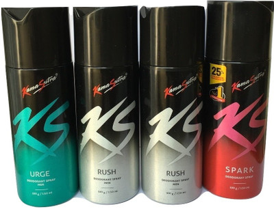

KamaSutra 1 URGE AND 2 RUSH 1 SPARK ( PACK OF 4) Body Spray - For Men & Women(750 ml, Pack of 4)