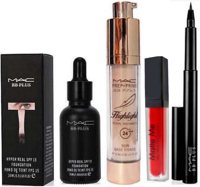 MAC BB PLUS 1 Foundation 30 Ml,1 PREP+ Prime HIGHLIGHT 15 Ml,1 Matte Me Liquid Lipstick (6 Ml, Red) 1 Pen Eyeliner Blackest Waterproof 1.45 Gm For All Skin Tone Foundation(NATURAL)