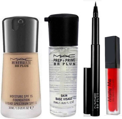 

MAC BB PLUS Imported 1 FOUNDATION 30 ML,1 PRIMER 35 ML,1 Matte Me Liquid Lipstick (6 ml, Red) 1 Pen Eyeliner Blackest Waterproof 1.45 Gm FOR ALL SKIN TONE Foundation(NATURAL)