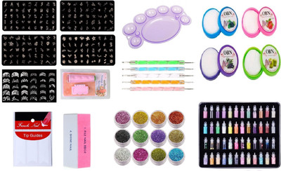 

Royalkart Mega Combo Kit Of Nail Art Tools 3D Nail Art Stamping Image Plates, Double-sided Stamper & Metal Scraper, 48 pcs Glitter Bottle Set, 5 pcs Double-sided Dotting Tool, Nail Art Palette, Nail Buffer, Finger Tip Guide, 12 Pcs Glitter Powder Set and 