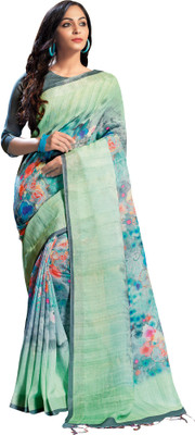 Ratnavati Printed, Digital Print, Floral Print Bollywood Cotton Linen Saree(Light Green)