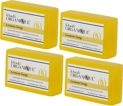 KHADI ORGANIQUE HANDMADE LEMON SOAP WITH ESSENTIAL OIL -500 GM PACK OF 4(500 g, Pack of 4)