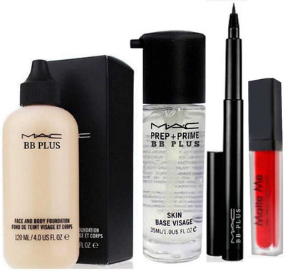 MAC BB PLUS 1 Mac Foundation 120 Ml,1 Primer 35 Ml,1 Matte Me Liquid Lipstick (6 Ml, Red) 1 Pen Eyeliner Blackest Waterproof 1.45 Gm For All Skin Tone Foundation(NATURAL)