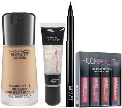 

MAC BB PLUS COMBO 1 Mac Foundation 30 Ml ,1 Primer 35 Ml, 4 Pink Matte Me Liquid Lipstick ( Pink ) 1 Pen Eyeliner Blackest Waterproof 1.45 Gm For All Skin Tone Foundation(NATURAL)