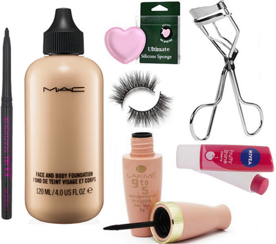 

Ultimate Silicon Puff & Eyelashes,Eyelashes Curler With Eyeliner & Face And Body Foundation,Lip Balm & Kajal(Set of 7)