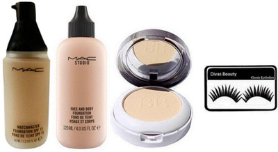 

divas beauty Eyelashes With Face & Body Foundation, MatchMaster Liquid Foundation SPF15, Eyelashes & Colorbar Radiant White Fairness Compact(Set of 4)