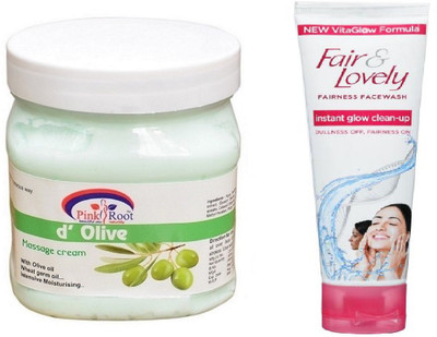 

Pink Root D OLIVE CREAM 500ML WITH FAIR & LOVELY INSTANT GLOW CLEAN-UP FACE WASH(Set of 2)