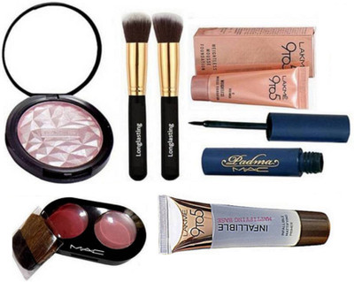

Longlasting Brush Set of 2,Mac Padma Eyeliner,2 Shades Blusher, 9to5 Weightless Mousse Foundation, Primer, Mac Fit Beauty Makeup Powder illuminator(Set of 7)