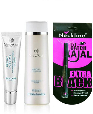 

Oriflame Sweden novage bright sublime brightening toner or eye cream and neckline kajal(Set of 3)
