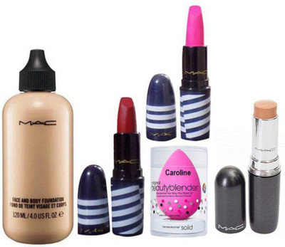 

caroline Sponge puff, face and body MAC foundation, Matte Finish Lipstick (Set Of 2 )& Mac Stick Concealer Studio Fix Fluid Spf 15(Set of 5)