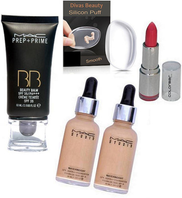 

divas beauty Silicon Puff, Mac Studio Waterweight Foundation (Pack Of 2), Colorbar Matte Finish Lipstick, Mac Prep+Prime BB BEauty Balm Cream Foundation(Set of 5)