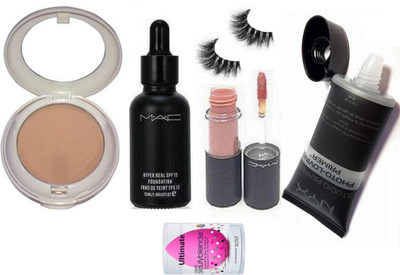 

Divas Beauty Sponge Puff, Mac Hyper Real Foundation, Lightful Compact, Lipgloss, Nyx Primer,eyelashes(Set of 6)