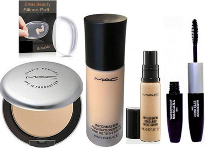 

divas beauty Silicon puff With MAC Matchmaster Foundation & Studio Fix Compact With pro Longwear Concealer, Colorbar Eyeliner mascara 2in 1(Set of 5)