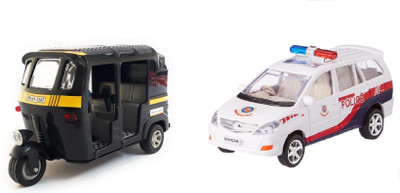 

The Game Begins Combo Toys of Auto Rickshaw and Policar Car Toys | Toys for kids| Miniature Cars Toys | Pull back and Go | Black and White Color - Set of 2 Toys - Value Pack(Multicolor)
