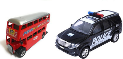

The Game Begins Combo Toys of Double Decker Bus and Policar Car Toys | Toys for kids| Miniature Cars Toys | Pull back and Go | Red and Black Color - Set of 2 Toys - Value Pack(Multicolor)