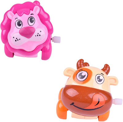 

Emob Cute Pack of 2 Mini Lion and Buffalo Friction Powered Moving Wind Up Chain Toy(Multicolor)