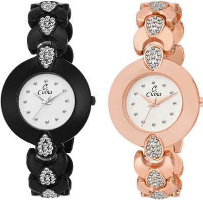 Cubia CB-1354 Black & Rose Gold Stainless steel watch pair with Diamond Analog Watch - For Women