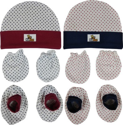 

Kidbee Baby Printed Soft Booties Mittens Cap Combo Set(Red,Dark Blue)