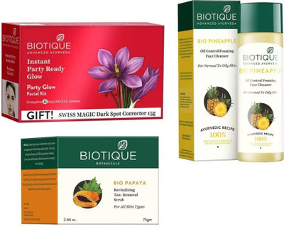 

BIOTIQUE BIO Bio Party Glow Facial Kit, Bio Papaya Revitalizing Tan Removal Scrub, Bio Pineapple Oil Control Foaming Face Cleanser(Set of 3)